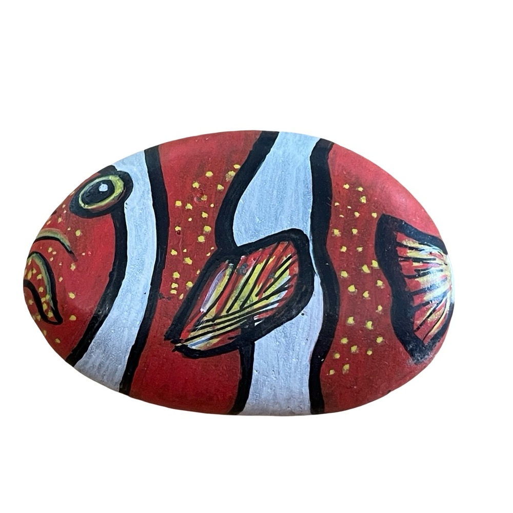 Hand crafted painted clownfish rock orange white yellow black dotted 1.5x3 inch - Picture 5 of 9